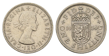 Великобритания 1 шиллинг 1954 Елизавета II (1952-2022), Шотландский герб KM 905, Spink 4148 медно-никель 4177-515