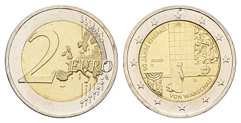 Германия 2 евро 2020 D, 50 лет коленопреклонению в Варшаве KM 388 биметалл UNC 68-841