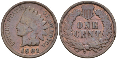 США 1 цент 1901 индеец, Indian head KM 90a бронза    4169-126