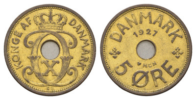 Дания 5 эре 1927 NCH, Кристиан X (1912-1947) KM 828 бронза 4700-755