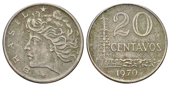 Бразилия 20 сентаво 1970 год-тип KM 579.2 медно-никель 4156-941