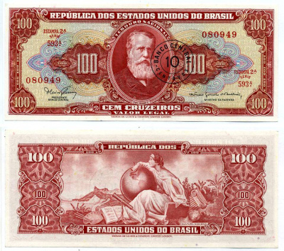 БРАЗИЛИЯ 10 СЕНТАВО 1966 СЕРИЯ 593А, ESTAMPA 2A, ОШИБКА (MINSTRO), НАДПЕЧАТКА НА 100 КРУЗЕЙРО Pick 185a бумага UNC (ПРЕСС) 7222-23-3