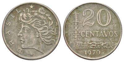 Бразилия 20 сентаво 1970 год-тип KM 579.2 медно-никель 4156-941
