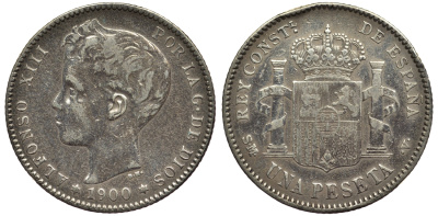 Испания 1 песета 1900 (00) SM-V, АЛЬФОНСО XIII (1886-1931) KM 706 (Y88) серебро 1521-145