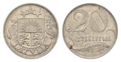 Латвия 20 сантимов 1922 год-тип KM 5 никель 4689-763