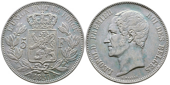 Бельгия 5 франков 1850 Леопольд I (1831-1865) KM 17 серебро 1066-5-45
