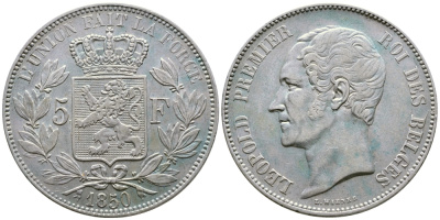 Бельгия 5 франков 1850 Леопольд I (1831-1865) KM 17 серебро 1066-5-45