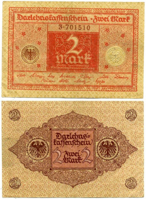 ГЕРМАНИЯ 2 МАРКИ 1920 1 МАРТА 1920, ВЕЙМАРСКАЯ РЕСПУБЛИКА, КРАСНАЯ, СЕРИЯ 3 Pick 59, Rosenberg 65b бумага 7523-16-3