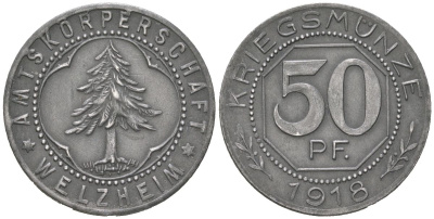 Вельцхайм (Вюртемберг) 50 пфеннигов 1918 Funck 593.3, Men05 26523.3, Men18 33344.3 железо aUNC 4591-413