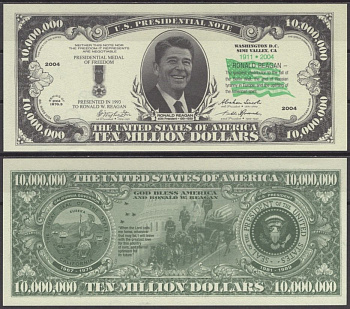 США 10000000 долларов 2004 в память о Рональде Рейгане бумага UNC (пресс) 7196-7-3