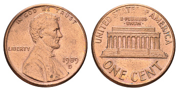 США 1 цент 1989 D, Линкольн KM 201b цинк плакированный медью 4682-267