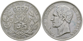 Бельгия 5 франков 1850 Леопольд I (1831-1865) KM 17 серебро  1066-5-35