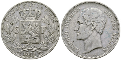 Бельгия 5 франков 1850 Леопольд I (1831-1865) KM 17 серебро  1066-5-35