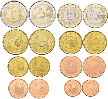 Испания евронабор из 8 монет 2010 1, 2, 5, 10, 20, 50 евроцентов, 1 и 2 евро KM 1040, 1041, 1042, 1070, 1071, 1072, 1073, 1074 4686-311-317