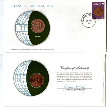 Гернси 2 пенса 1979 конверт с маркой первого дня гашения, Coins of Nations KM 28 бронза UNC 4295-13-3