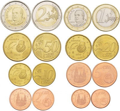 Испания евронабор из 8 монет 2010 1, 2, 5, 10, 20, 50 евроцентов, 1 и 2 евро KM 1040, 1041, 1042, 1070, 1071, 1072, 1073, 1074 4686-311-317