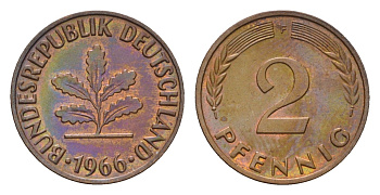ФРГ 2 пфеннига 1966 F KM 106, J. 381 бронза 4549-1012