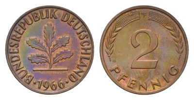 ФРГ 2 пфеннига 1966 F KM 106, J. 381 бронза 4549-1012