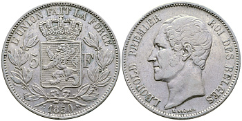 Бельгия 5 франков 1850 Леопольд I (1831-1865) KM 17 серебро 1066-5-46