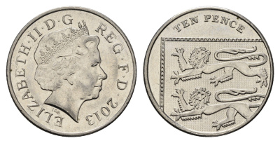 Великобритания 10 пенсов 2013 Елизавета II (1952-2022) KM 1110d, Spink 4651 (F7) сталь плакированная никелем UNC 4671-726
