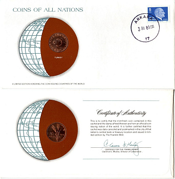 Турция 10 курушей 1974 конверт с маркой первого дня гашения, Coins of Nations KM 891.3 бронза UNC 4294-58-3
