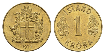Исландия 1 крона 1974 KM 12a никель латунь UNC 4691-515