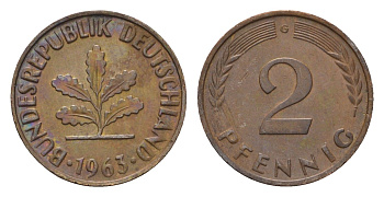 ФРГ 2 пфеннига 1963 G KM 106, J. 381 бронза 4564-542