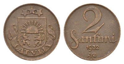 Латвия 2 сантима 1932 KM 2 бронза 4689-932