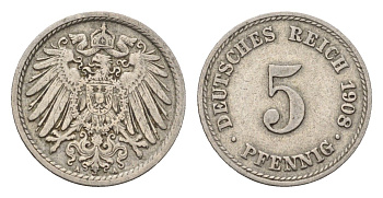 Германия 5 пфеннигов 1908 A KM 11, J. 12 медно-никель 4685-443