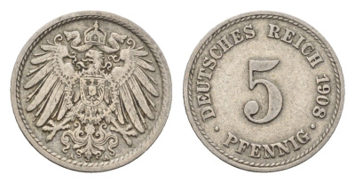 Германия 5 пфеннигов 1908 A KM 11, J. 12 медно-никель 4685-443