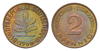 ФРГ 2 пфеннига 1966 F KM 106, J. 381 бронза 4549-1114