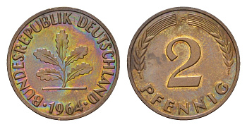 ФРГ 2 пфеннига 1964 F KM 106, J. 381 бронза 4682-1111
