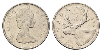 Канада 25 центов 1974 Елизавета II (1952-2022), олень KM 62b никель 4688-444
