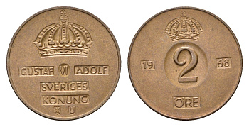 Швеция 2 эре 1968 TS, Густав VI Адольф (1950-1973) KM 821 бронза 27-235