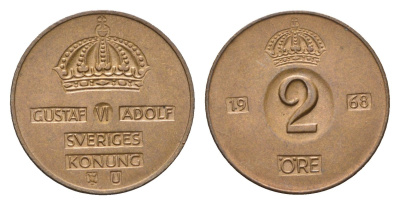 Швеция 2 эре 1968 TS, Густав VI Адольф (1950-1973) KM 821 бронза 27-235