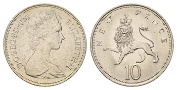 Великобритания 10 новых пенсов 1970 Елизавета II (1952-2022) KM 912, Spink 4231 (F1) медно-никель 4140-423