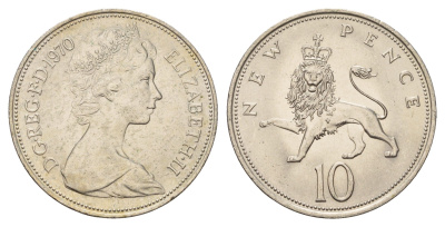 Великобритания 10 новых пенсов 1970 Елизавета II (1952-2022) KM 912, Spink 4231 (F1) медно-никель 4140-423