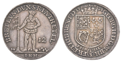 Брауншвейг-Каленберг-Ганновер 12 мариенгрошей (1/3 талера) 1754 IBH, дикарь, Георг II (1727-1760), из коллекции Ричарда Б. Смита Smith 123, Welter 2600, KM 255 серебро 1525-1032