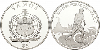 Самоа 5 тала 2013 FIFA, Чемпионат мира по футболу в Бразилии 2014 KM NEW серебро PROOF 11-116-31