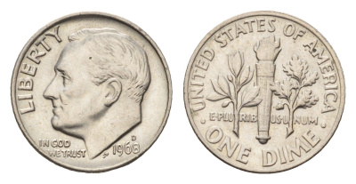 США 1 дайм (10 центов) 1968 D, Рузвельт KM 195a медь плакированная медно-никелем UNC 4684-153