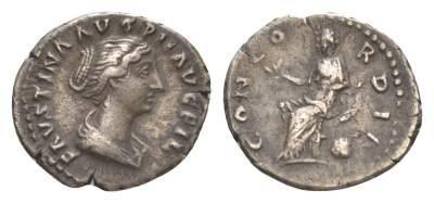 Римская Империя денарий 145-161 Фаустина Младшая, жена Марка Аврелия, FAVSTINA AVG PII AVG FIL, бюст императрицы/CONCORDIA, Конкордия на троне, держит цветок, Рим RIC 502a серебро 1073-4-64