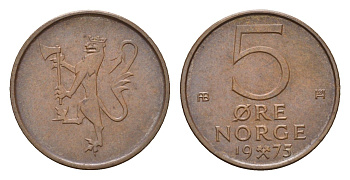 Норвегия 5 эре 1975 Улаф V (1957-1991) KM 415 бронза 4702-265