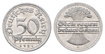 Германия 50 пфеннигов 1921 G KM 27, J.301, Weege 10 алюминий UNC 4633-854