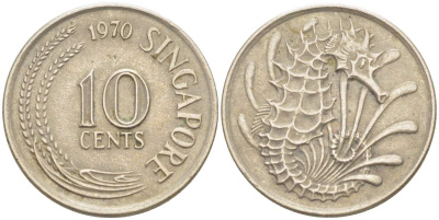 Сингапур 10 центов 1970 морской конек KM 3 медно-никель 4525-525