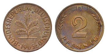 ФРГ 2 пфеннига 1965 G KM 106, J. 381 бронза 4136-1047