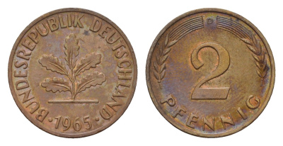 ФРГ 2 пфеннига 1965 G KM 106, J. 381 бронза 4136-1047