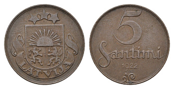 Латвия 5 сантимов 1922 KM 3 бронза 4689-961