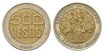 Колумбия 500 песо 2008 KM 286 биметалл 4577-1053