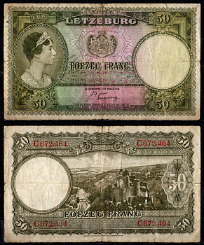 Люксембург 50 франков ND (1944) Великая герцогиня Шарлотта, руки Pick 45 бумага 7205-6-2-1