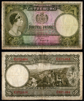 Люксембург 50 франков ND (1944) Великая герцогиня Шарлотта, руки Pick 45 бумага 7205-6-2-1